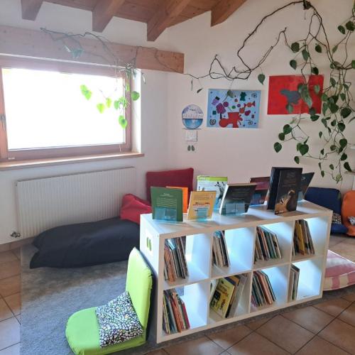 Man sieht die Lesewelt der VS Grinzens mit einem Regal, Sitzkissen und verschiedenen Büchern. 